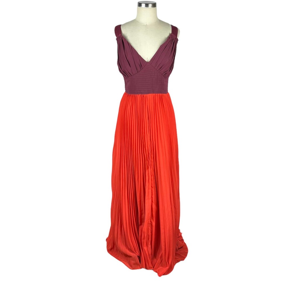 Moulinette Soeurs Two-Tone Burgundy Top Red-Orange Pleated Maxi Dress